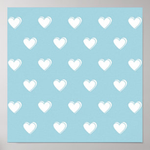 Blue White Cute Simple Heart Pattern Poster
