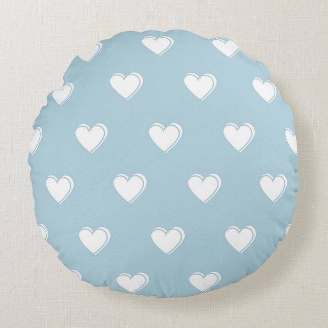 Blue White Cute Simple Heart Pattern Round Cushion (Front)