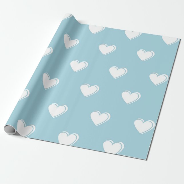 Blue White Cute Simple Heart Pattern  Wrapping Paper (Unrolled)