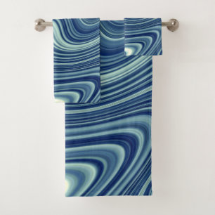 Blue White Cyan Wavy Agate Abstraction Bath Towel Set