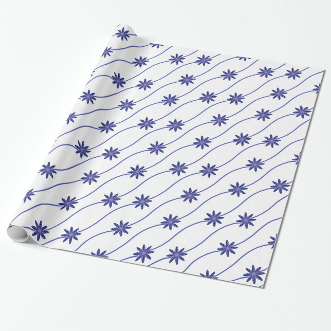 Blue & White Daisy Chain Floral Pattern Paper (Unrolled)