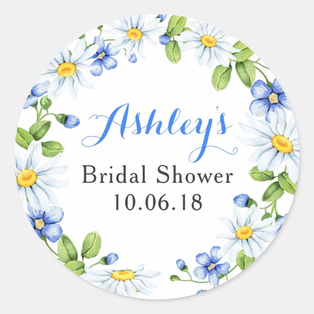 Blue White Daisy Floral Bridal Shower Thank You Classic Round Sticker (Front)