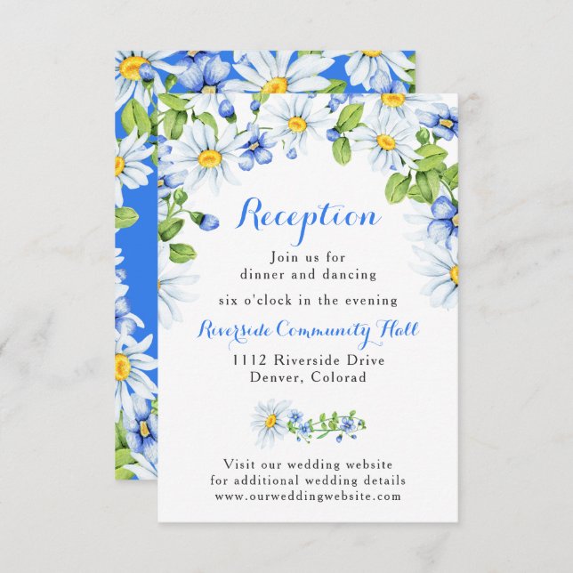 Blue White Daisy Floral Wedding Reception Insert Invitation (Front/Back)