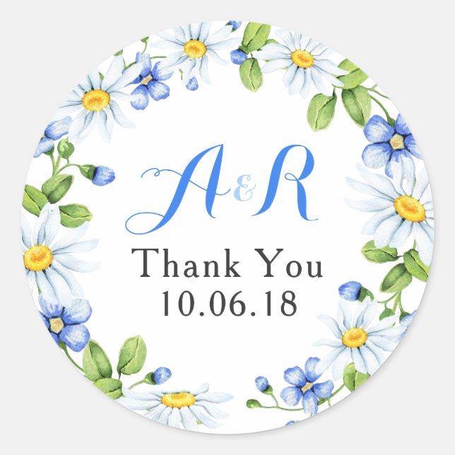 Blue White Daisy Floral Wedding Thank You Classic Round Sticker (Front)