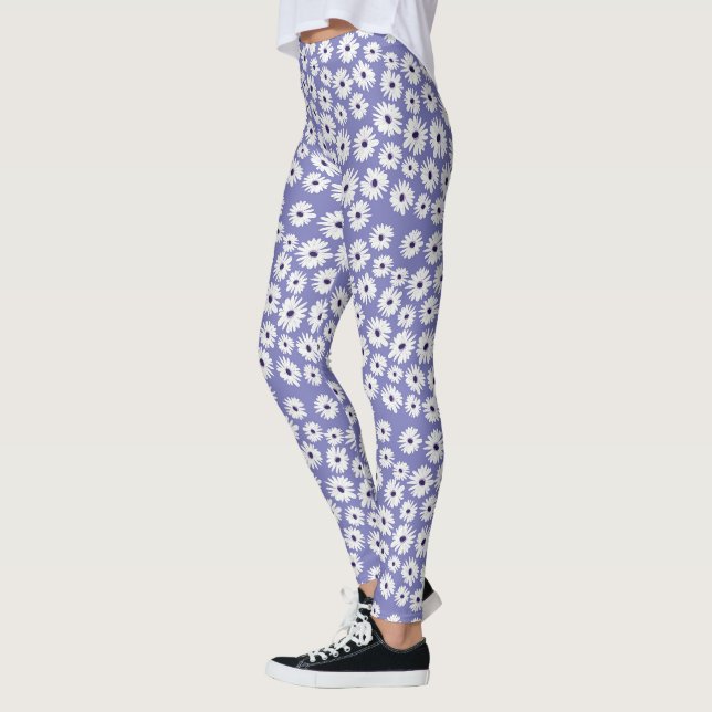 Blue white daisy flower pattern leggings (Left)