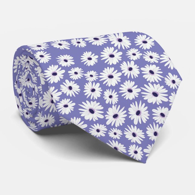 Blue white daisy flower pattern tie (Rolled)
