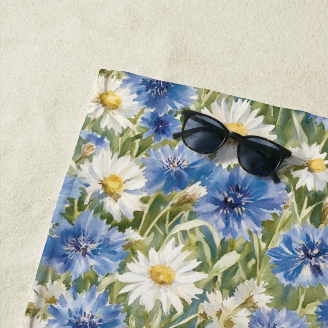 Blue White Daisy Flowers Beach Towel (In Situ)