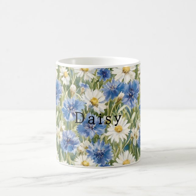 Blue White Daisy Flowers Coffee Mug (Center)