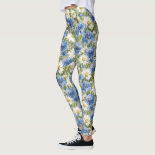 Blue White Daisy Flowers Leggings