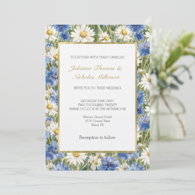 Blue White Daisy Flowers Wedding Invitation (Standing Front)