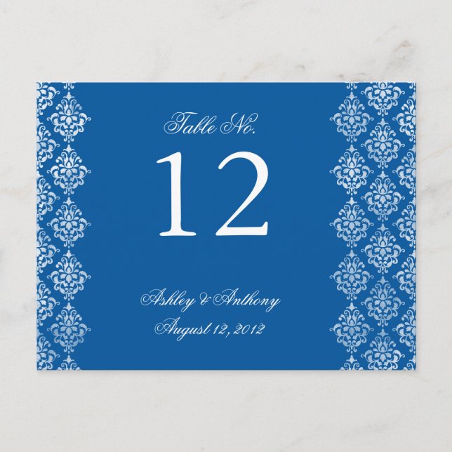 Blue White Damask Arabesque Table Number Card (Front)