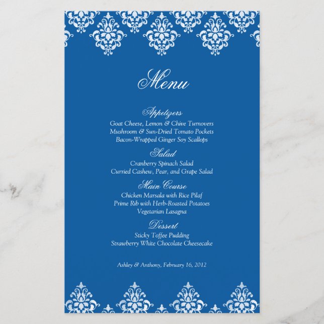 Blue White Damask Arabesque Wedding Menu Card (Front)