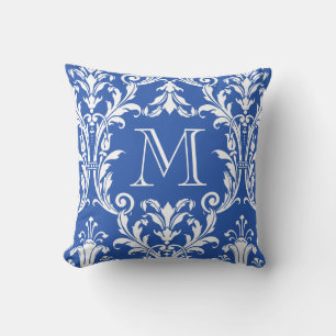 Blue & White Damask Floral Swirls Monogram Cushion