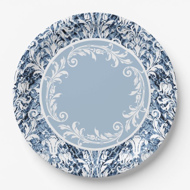 Blue White Damask Floral Swirls Personalize Paper Plate (Front)