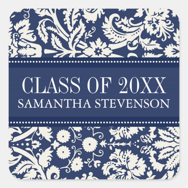 Blue White Damask Graduation Custom Year Name Square Sticker (Front)