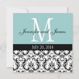 Blue White Damask Monogram Wedding Invitation