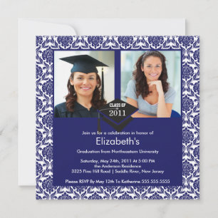 Blue & White Damask Photo Graduation Invitation
