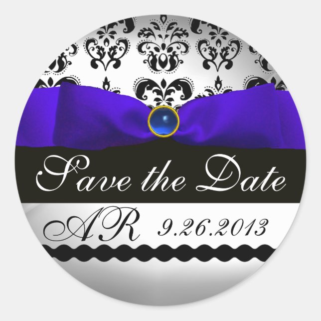 BLUE & WHITE DAMASK RIBBON MONOGRAM Sapphire Classic Round Sticker (Front)
