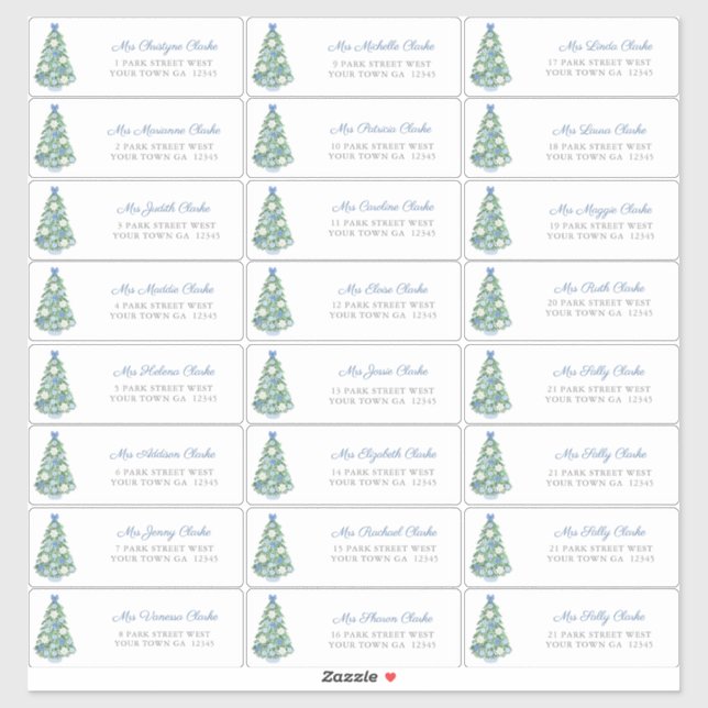 Blue White Decorated Tree Christmas Cards Address (Sheet)