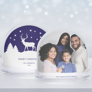 Blue White Deer Christmas Family Photo Pine Trees Snowglobe