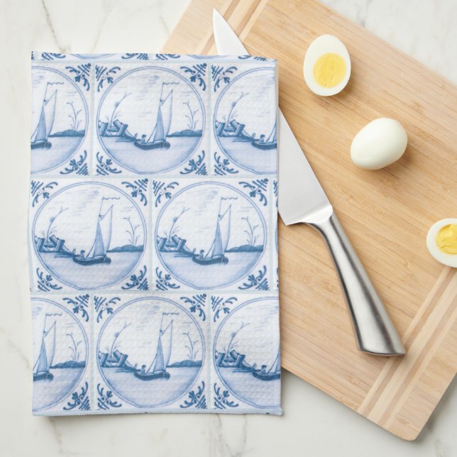 Blue White Delft Sailboat Pattern Kitchen Towel (Quarter Fold)