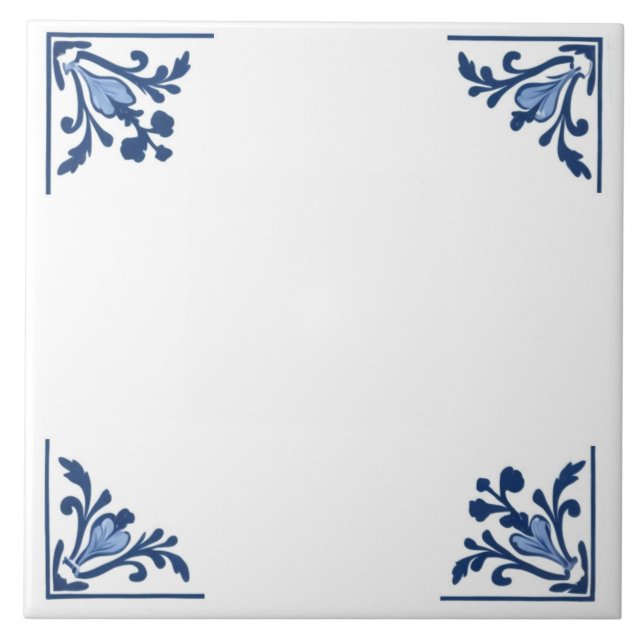 Blue White Delft Simple Floral Corner Ornament Ceramic Tile (Front)