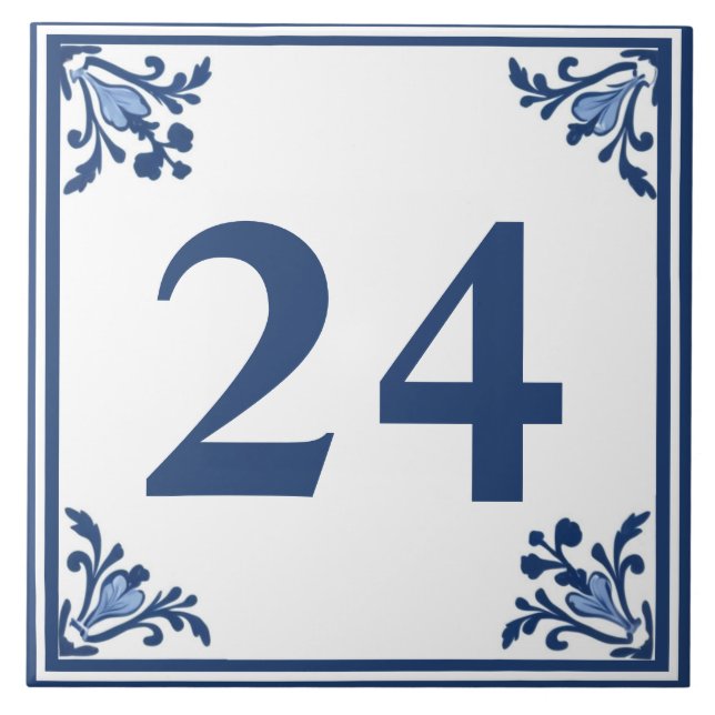 Blue White Delft Simple Floral Custom House Number Ceramic Tile (Front)