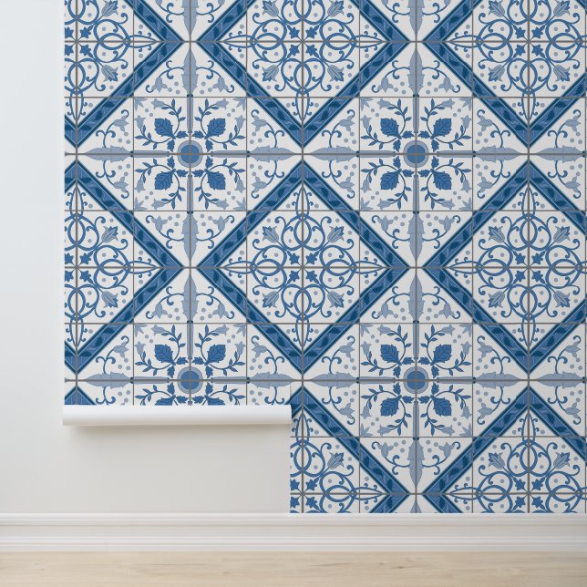 Blue & White Delft Tile Pattern Wallpaper (Application)