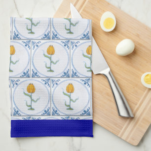 Blue White Delft Tulip Tile Pattern Blue Border Tea Towel