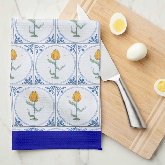 Blue White Delft Tulip Tile Pattern Blue Border Tea Towel (Quarter Fold)