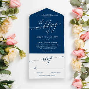 Blue White Delicate Calligraphy Wedding All In One Invitation
