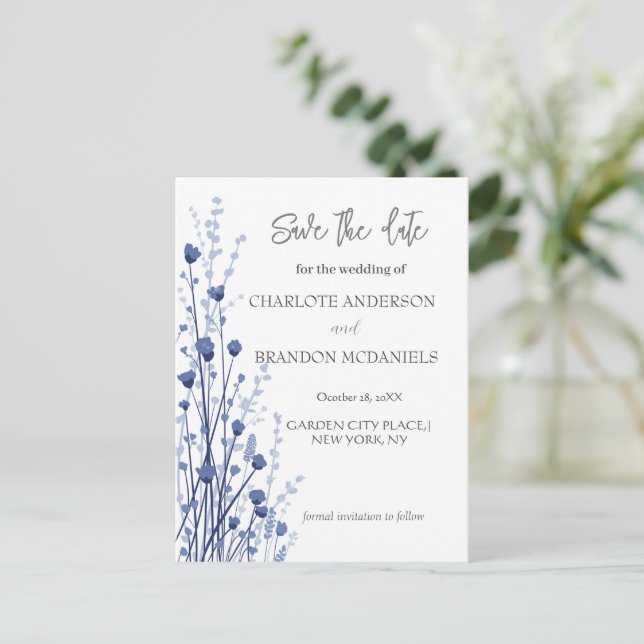 Blue White Delicate Wildflowers Save The Date  Announcement Postcard (Standing Front)