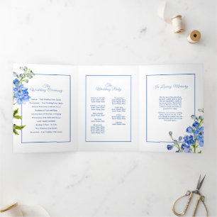 Blue white delphinium flowers watercolor wedding  Tri-Fold programme