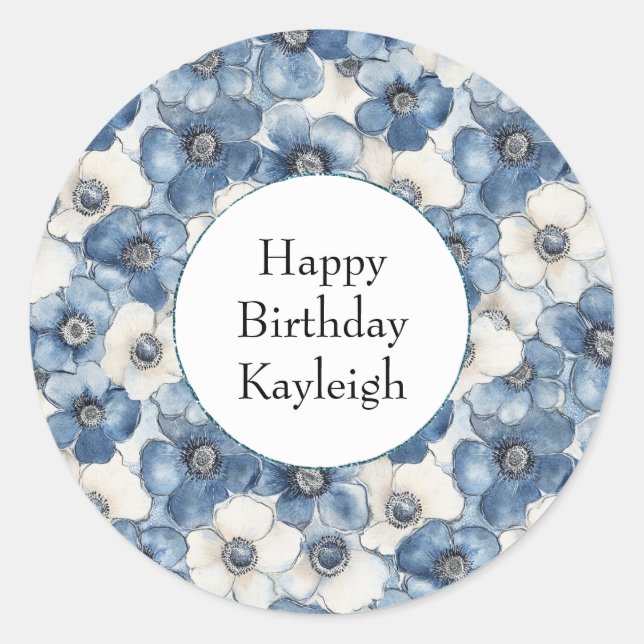 Blue White Denim Flowers Birthday Classic Round Sticker (Front)