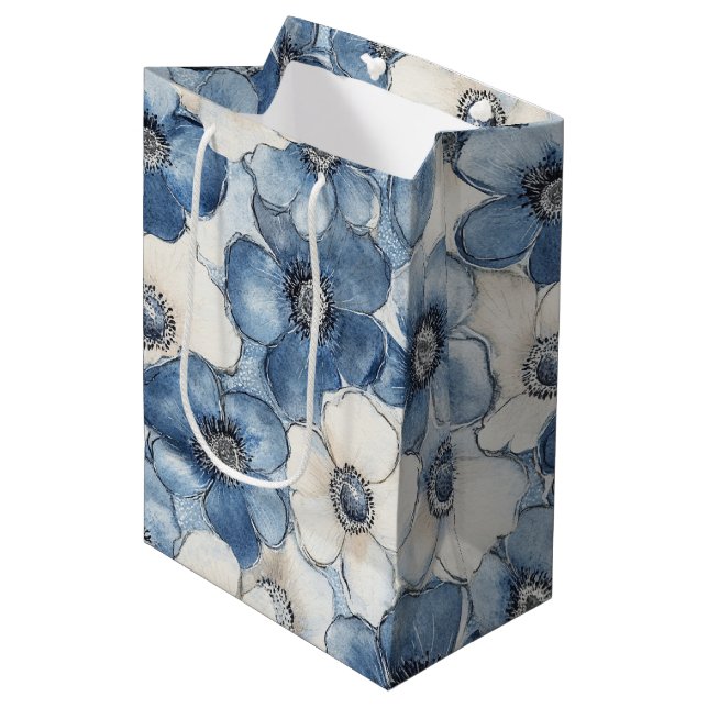 Blue White Denim Flowers Birthday Medium Gift Bag (Front Angled)