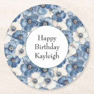 Blue White Denim Flowers Birthday Round Paper Coaster