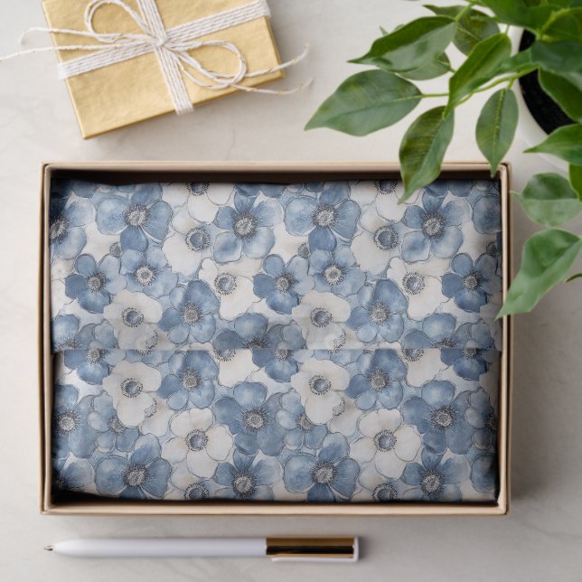 Blue White Denim Flowers Bridal Shower Tissue Paper (Gift)