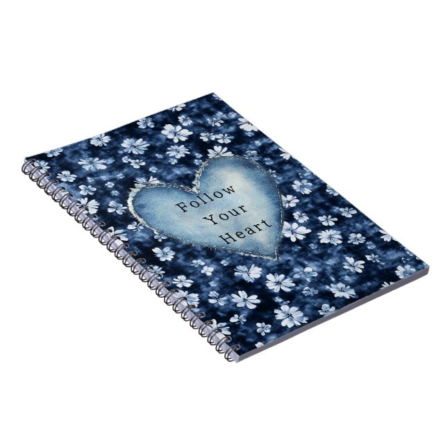 Blue White Denim Flowers Heart Notebook (Right Side)