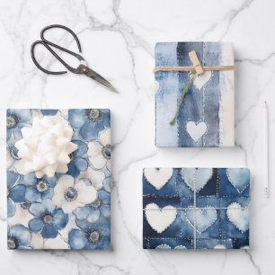 Blue White Denim Flowers Hearts Birthday Wrapping Paper Sheet