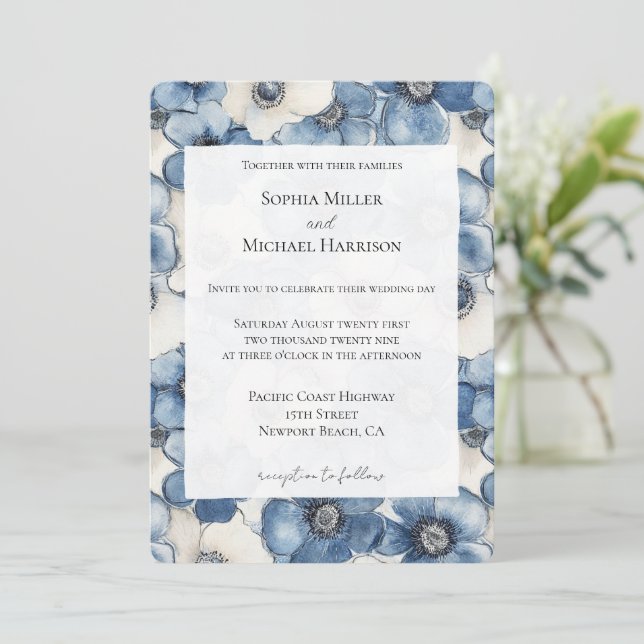 Blue White Denim Flowers Wedding Invitation (Standing Front)