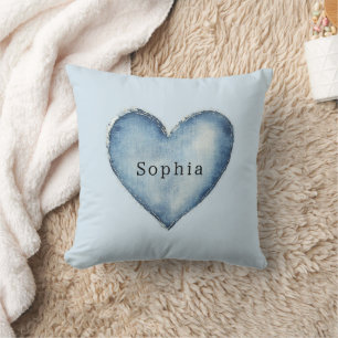 Blue White Denim Heart   Cushion