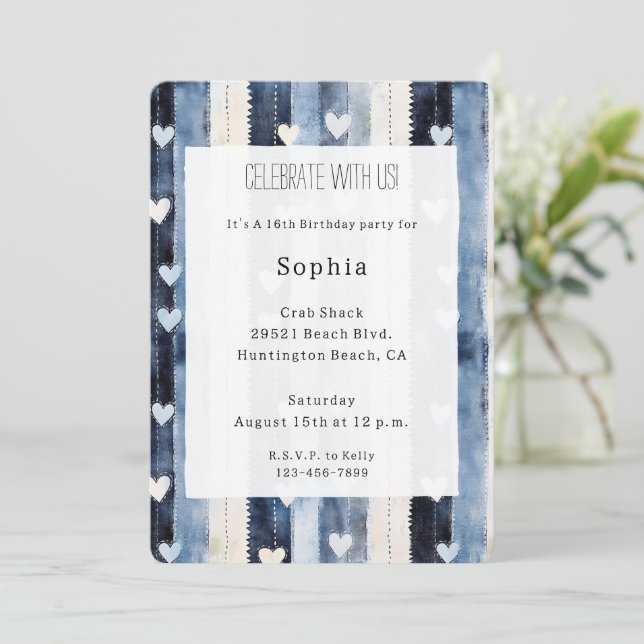 Blue White Denim Heart Stripes Birthday Invitation (Standing Front)