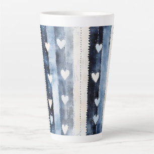 Blue White Denim Heart Stripes Birthday Latte Mug