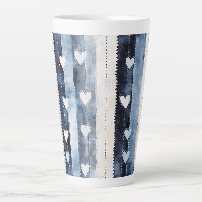 Blue White Denim Heart Stripes Birthday Latte Mug (Front)