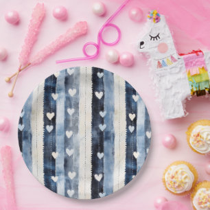 Blue White Denim Heart Stripes Birthday Paper Plate