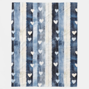 Blue White Denim Heart Stripes   Fleece Blanket