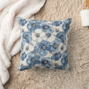 Blue White Denim Heart Stripes Floral  Cushion