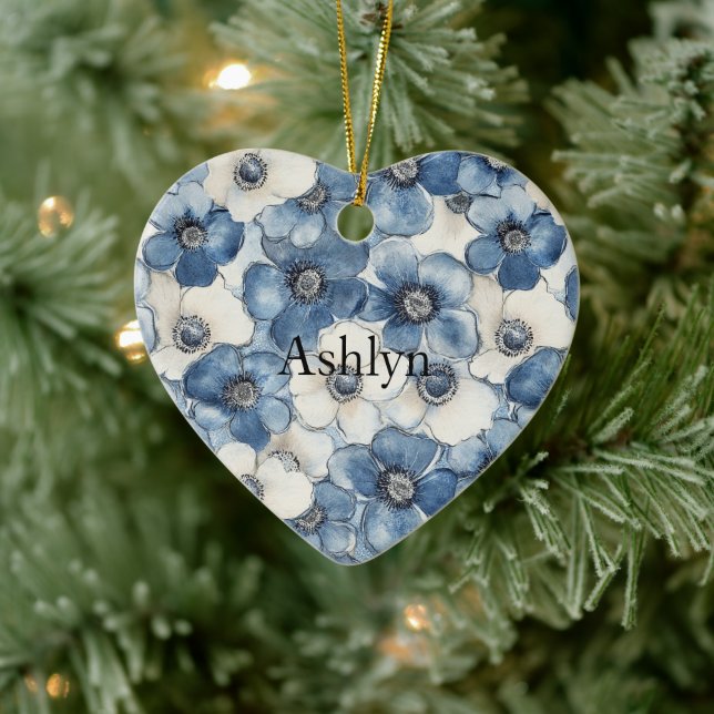 Blue White Denim Heart Stripes Flowers Christmas Ceramic Ornament (Tree)