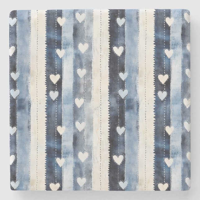 Blue White Denim Heart Stripes   Stone Coaster (Front)