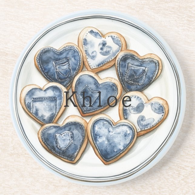 Blue White Denim Hearts Coaster (Front)